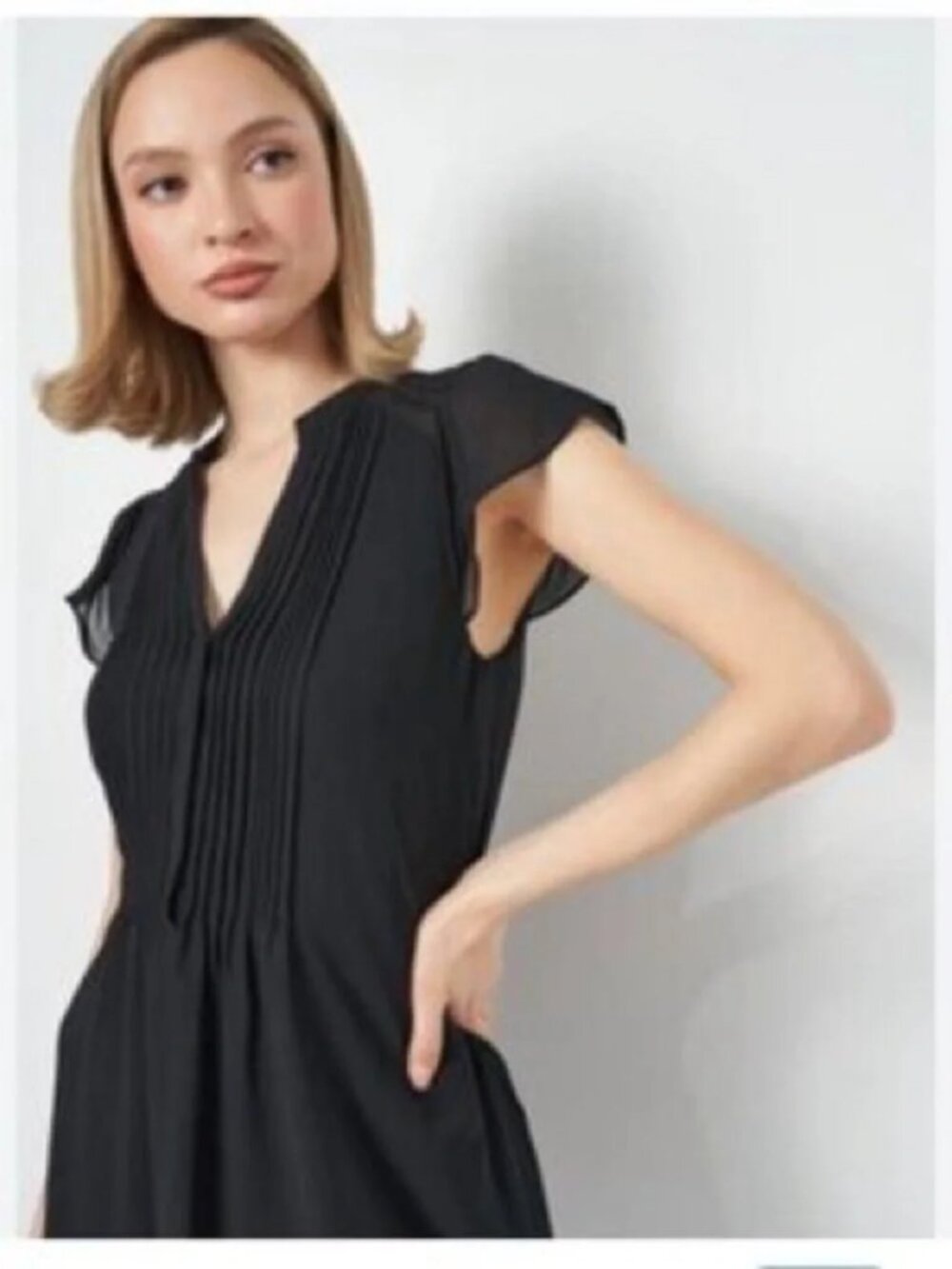 H&M Black Lightweight Pintuck V-Neck Flutter-Sleeve Tie-Waist Midi Dress, Size 8